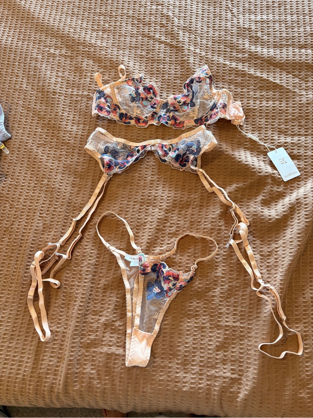 Yellow La Girl Sheer Multicolor Floral Embroidered Bikini Set in Nude Pink